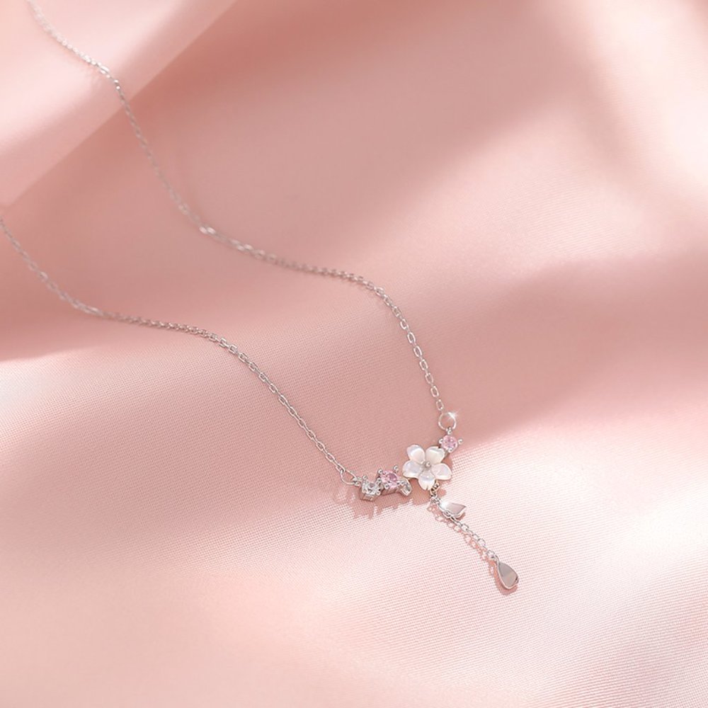 NEW Silver Cherry Flower Shell Long Tassel Necklace - Picture 7 of 9
